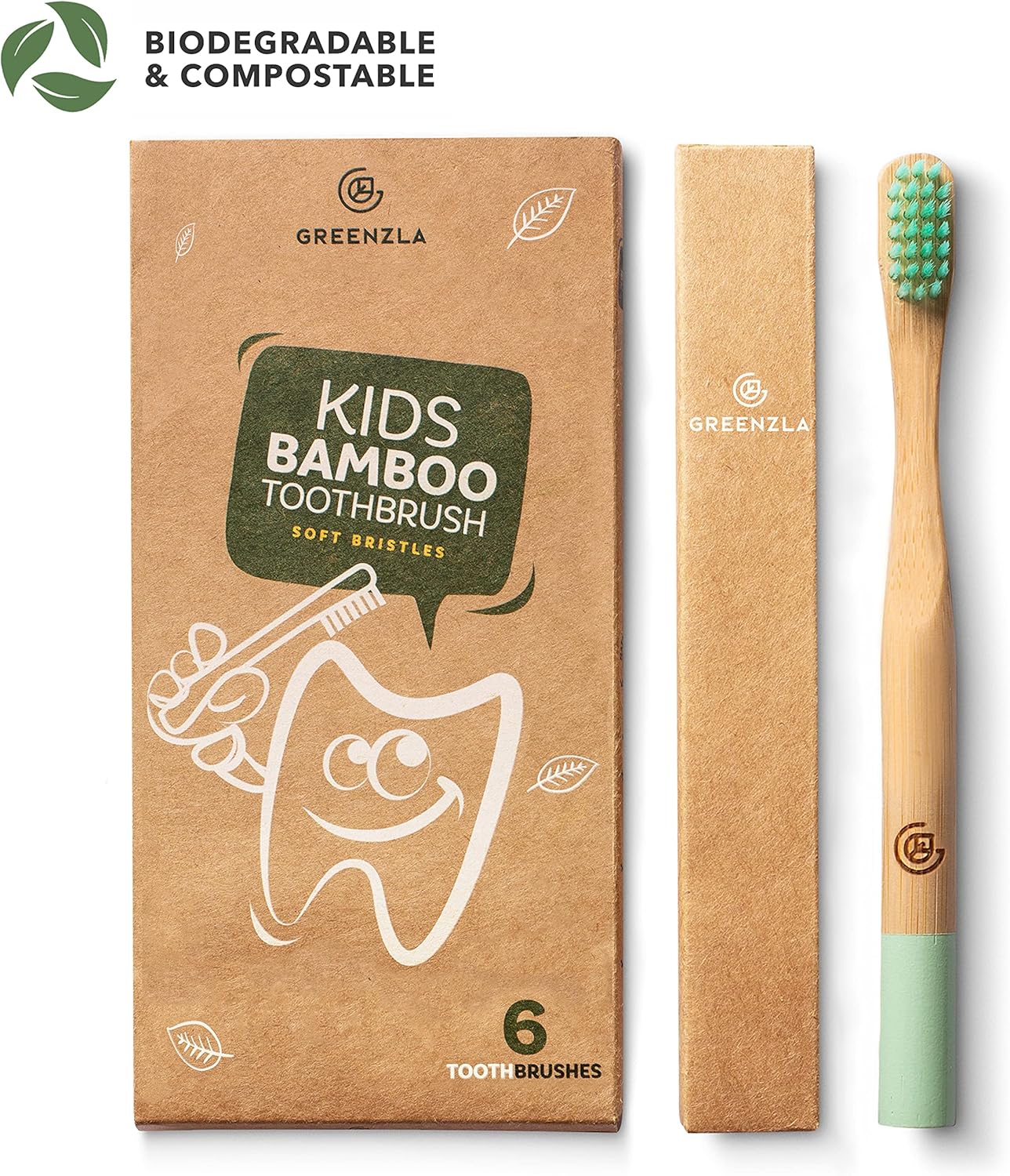 GREENZLA Kids Bamboo Toothbrushes, Natural Toothbrush Set, Soft Bristles, Durable Charcoal Wooden Brushes, Compostable Design for Toddlers and Children, 6 Pack