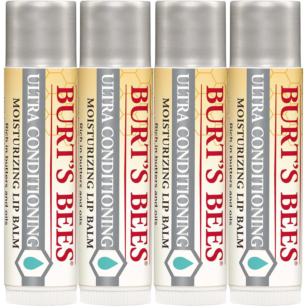 Burt's Bees Lip Balm Stocking Stuffers, Moisturizing Lip Care Christmas Gifts for All Day Hydration, Ultra Conditioning with Shea, Cocoa & Kokum Butter, 100% Natural (4-Pack)
