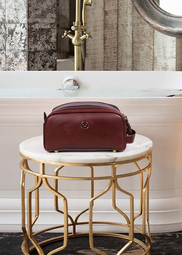 10" Premium Leather Toiletry Travel Pouch With Waterproof Lining Black Color | King-Size Handcrafted Vintage Shaving Kit By Aaron Leather Goods (Saddle Brown)