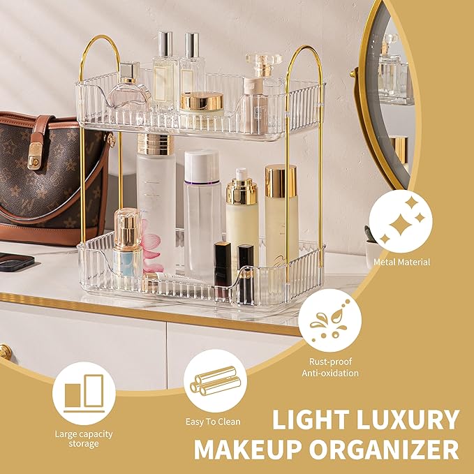 2 Tier Bathroom Organizer Countertop Makeup Perfume Tray Skincare Organizer for Bathroom Dresser Vanity (White)