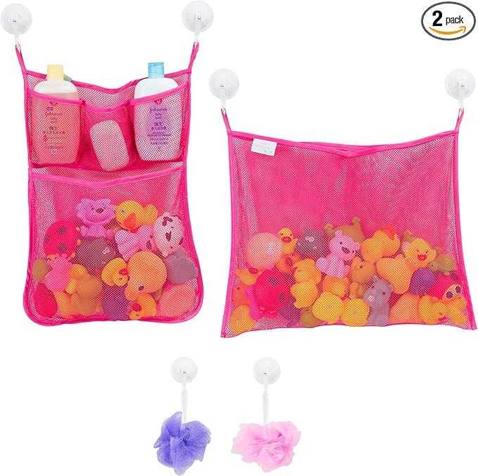 2 x Mesh Bath Toy Organizer + 6 Ultra Strong Hooks – The Perfect Bathtub Toy Holder & Bathroom or Shower Caddy – These Multi-use Net Bags Make Baby Bath Toy Storage Easy – For Kids & Toddlers