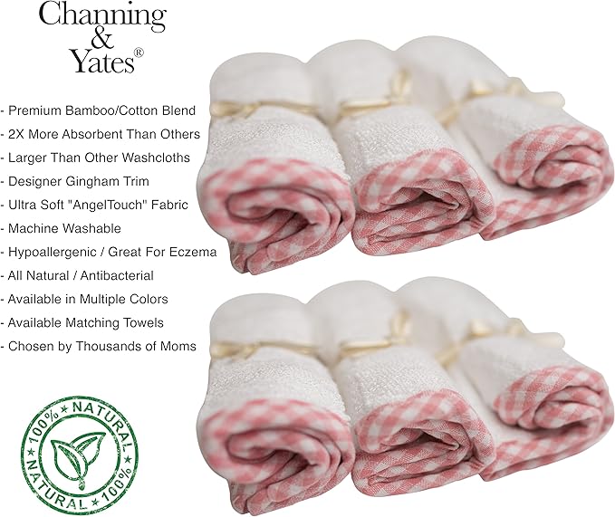 Channing & Yates Premium Boutique Baby Washcloths - (6-Pack) Organic Viscose Made from Bamboo Wash Cloths 2X Thick & Soft - Helps Eczema - Adult Face Washcloths - (Pink on White)