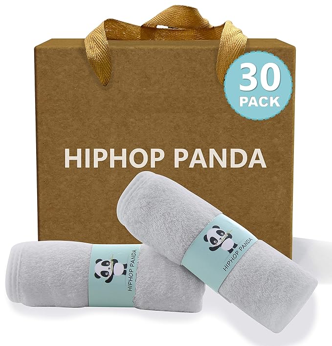 HIPHOP PANDA Baby Washcloths, Rayon Made from Bamboo - 2 Layer Ultra Soft Absorbent Newborn Bath Face Towel - Reusable Baby Wipes for Delicate Skin - Grey, 30 Pack