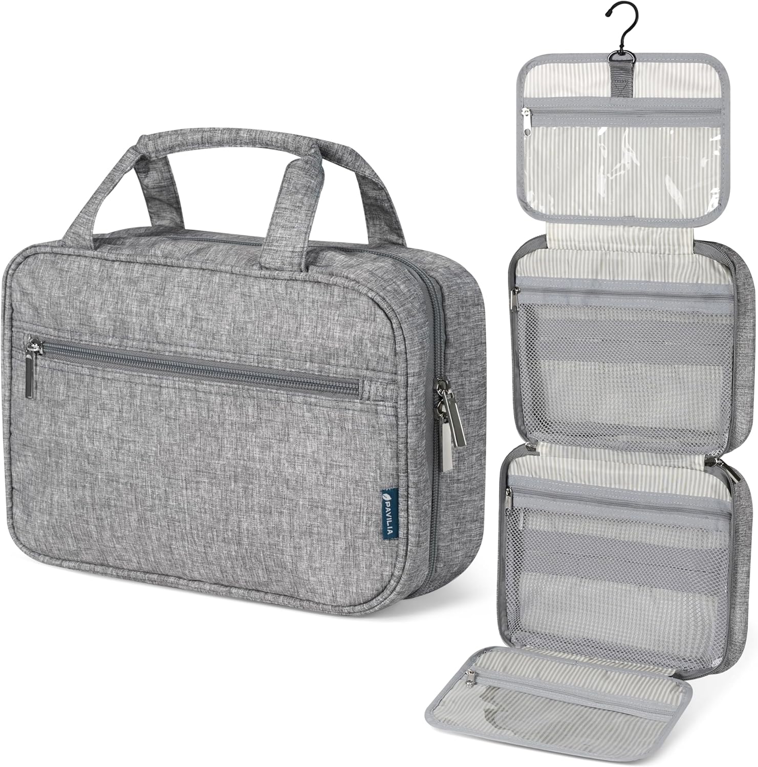 PAVILIA Hanging Toiletry Bag Travel Bag Women Men, Foldable Cosmetic Organizer, Roll up Makeup Bag, Water Resistant Accessories Toiletries, Large Travel Essentials Kit (Heather Grey)