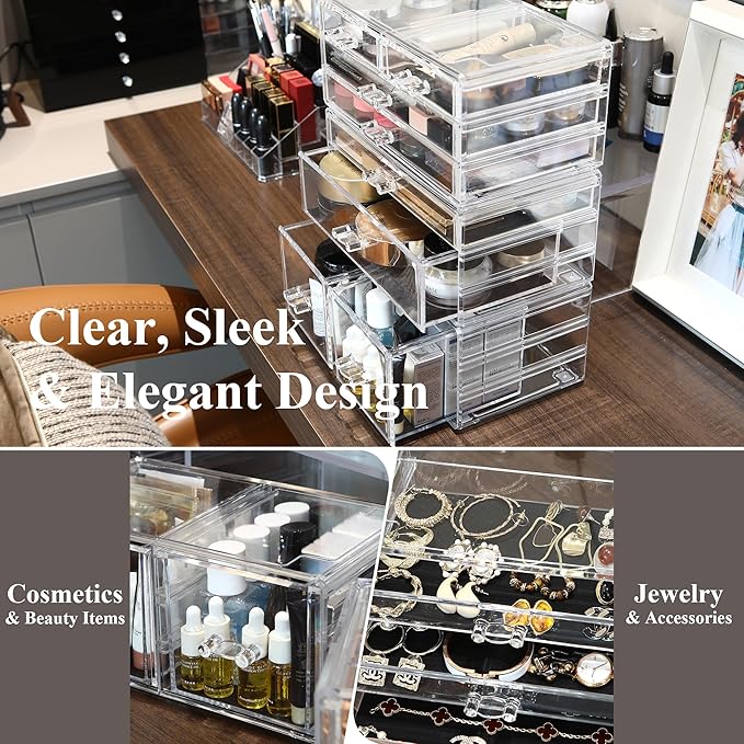Sea Team 3-Layer Stackable Clear Makeup Organizer with Drawers, Acrylic Plastic Cosmetic Display Case, Jewelry Storage Box, Holder for Dresser, Bathroom, Vanity, Countertop (8 Drawers)
