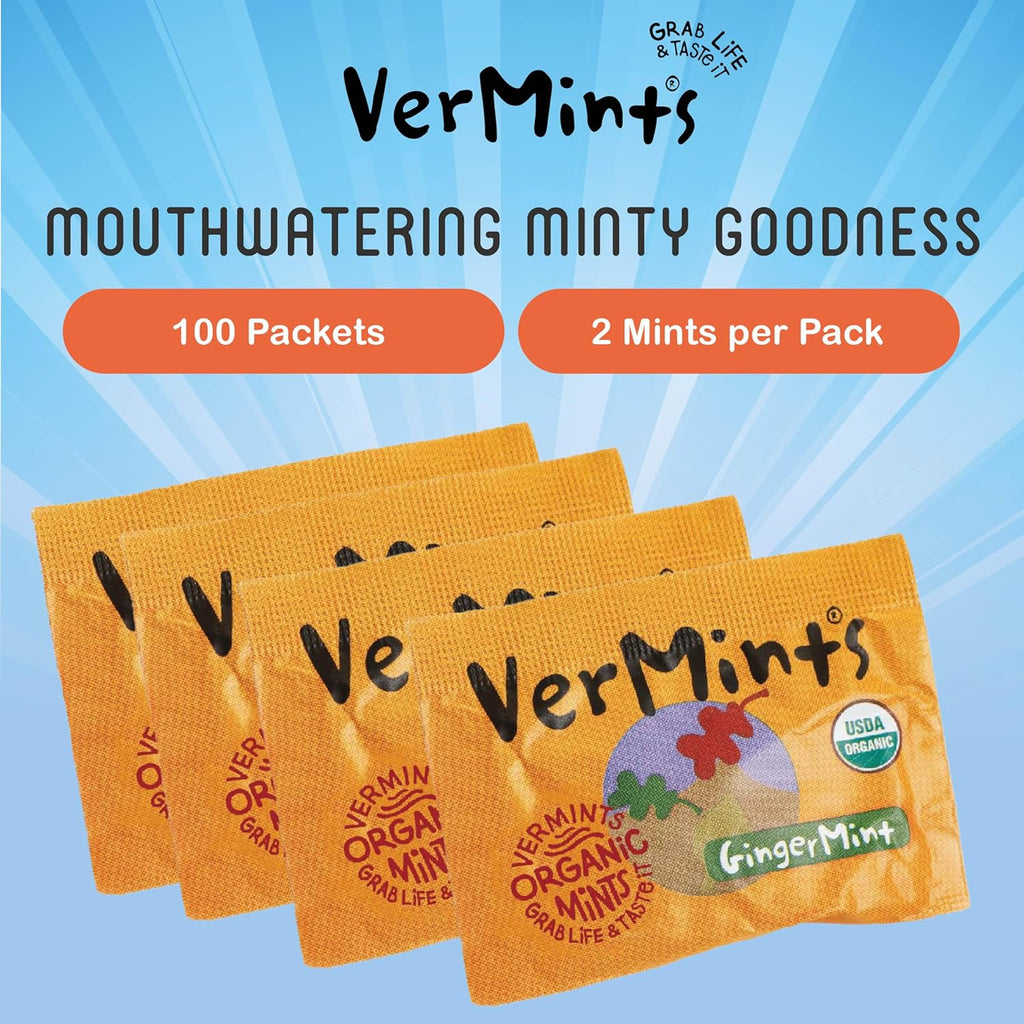 VerMints Organic Breath Mints GingerMints – Real Ginger Flavored Candies - Individually Wrapped Travel Size - Non-GMO, Nut Free, Gluten Free, Vegan, Kosher & Organic Candy Mints - 100 Packets