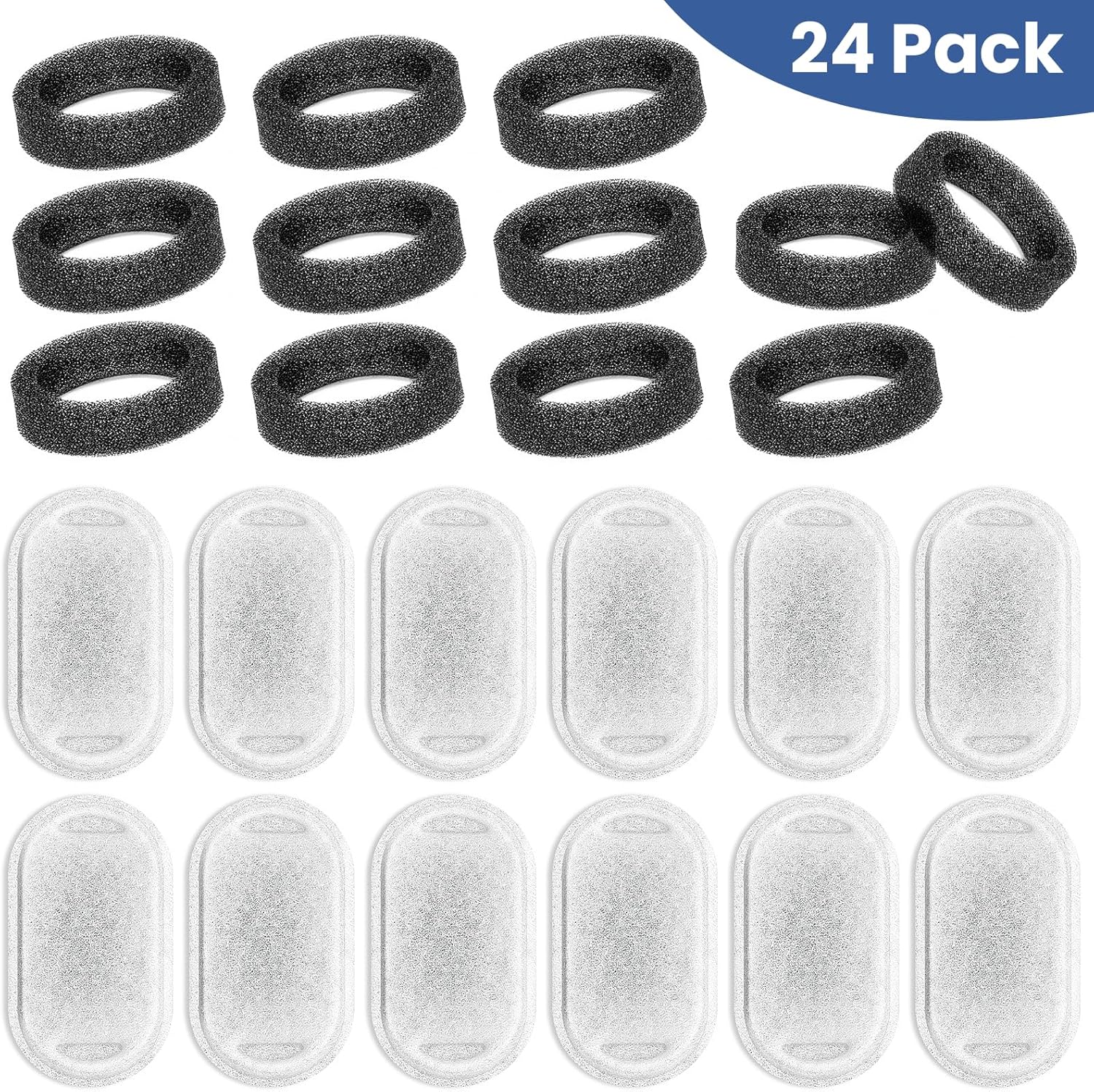 Cat Water Fountain Filter Replacement, 12 Pcs Cat Filters Pet Water Fountain Filter with 12 Pcs Sponges Foam for 67oz/2L & 108oz/3.2L Stainless Steel Automatic Cats Water Fountain Dispenser Filters
