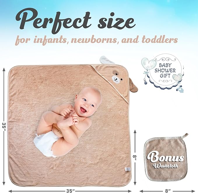 Baby Towels with Hood - Soft, Absorbent Viscose Made of Bamboo, Extra Large 35 x 35 Inches, for Newborns, Infants, Boys and Girls, Brown