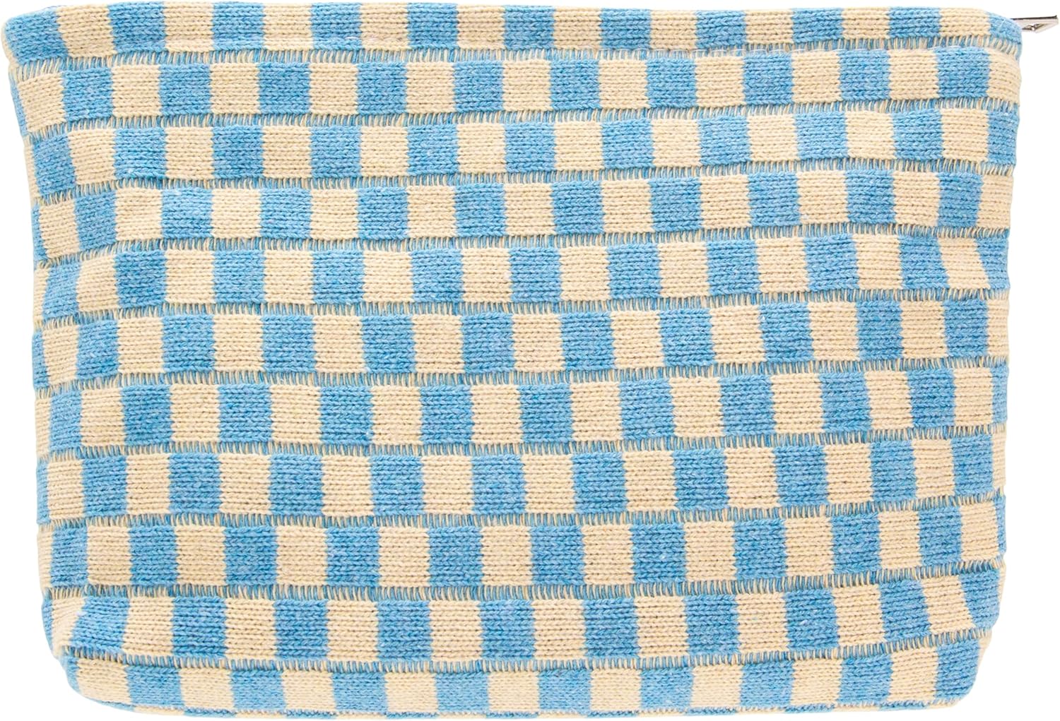 PAZIMIIK Knitted Checkered Makeup Bag Large Zipper Make Up Accessory Pouch for Purse Cosmetic Brush Bag for Travel Essential Blue Beige