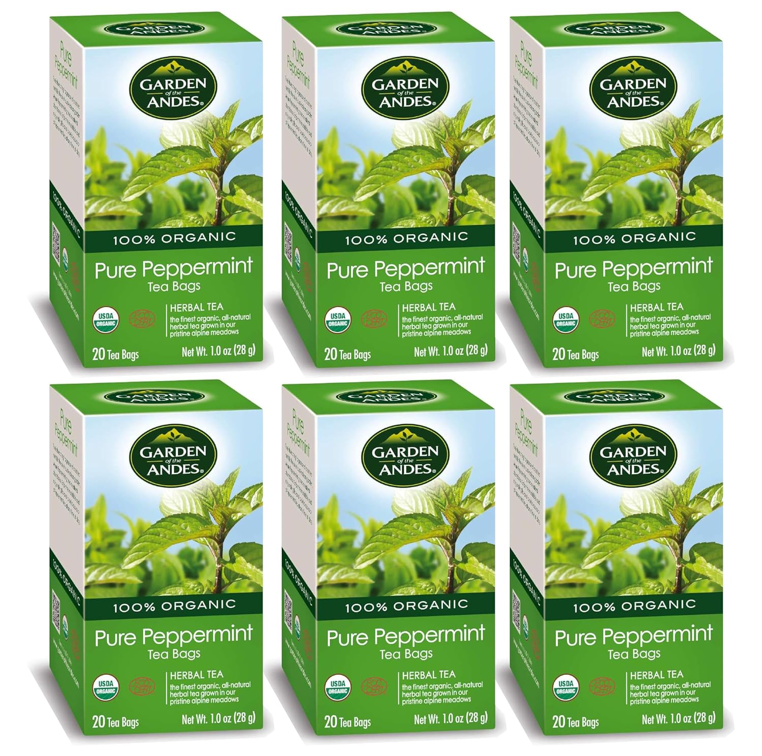 Garden of the Andes - Peppermint Tea - 6 x 20 Tea Bags (120 Count) - USDA Organic Caffeine-Free Herbal Infusion - Refreshing menthol aroma and digestive support