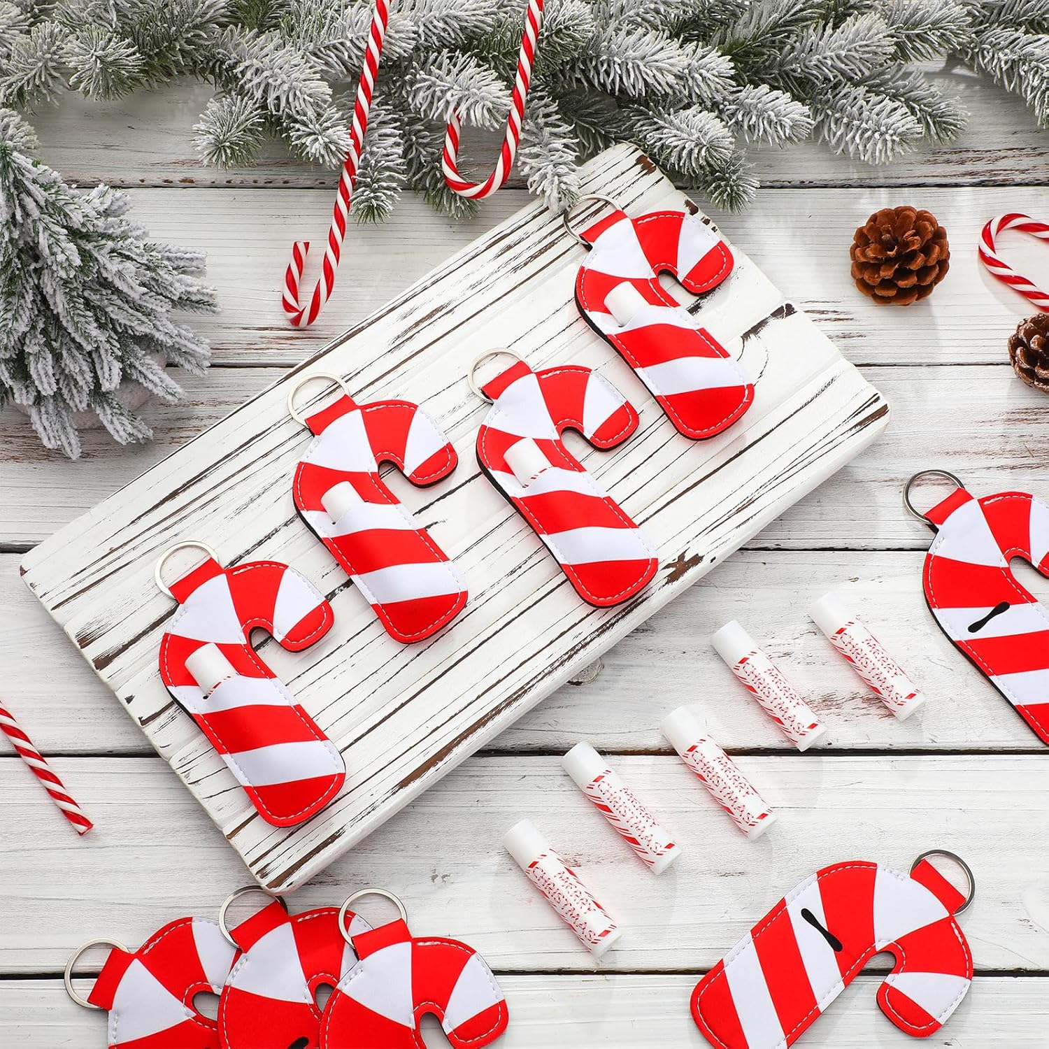 36 Pcs Christmas Lip Balm Lipstick Holder Keychain Bulk Candy Cane Merry Christmas Party Gifts Stocking Stuffers Peppermint Flavor Lip Care Moisturizing for Xmas Coworker Employee Family Gifts