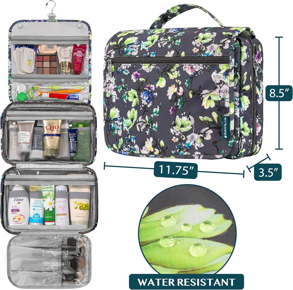 PAVILIA Hanging Toiletry Bag Women Men, Foldable Cosmetic Organizer Travel Bag, Water Resistant Makeup Bag Toiletries, Large Travel Essentials Kit (Grey Floral)