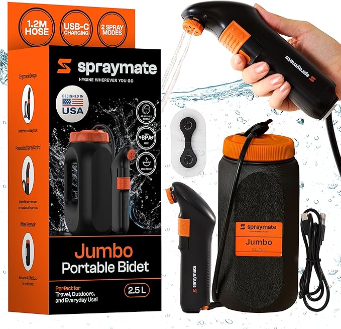 Portable Bidet for Travel – Electric High Pressure Rechargeable Bidet for Women & Men | 2.5L Bottle | 1300ML/Min Flow | USB-C | 1600mAh Battery | USA Brand – Spray Mate Jumbo