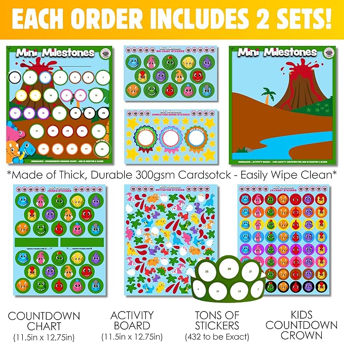 2PK Dinosaurs Sticker Advent Calendar for Kids 18m+ Sticker Countdown to Christmas for Toddlers 30 Days to Birthday, Vacation, Party, School with Activity Board & Crown by LIL ADVENTS Mini Milestones