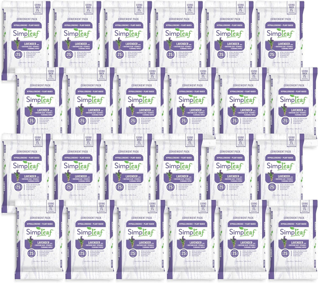 Simpleaf Flushable Wet Wipes Lavender| Eco-Friendly, Paraben & Alcohol Free | Hypoallergenic & Safe for Sensitive Skin | Soothing Aloe Formula | (24 x 25 Counts Convenient Pack) 600 Counts Total