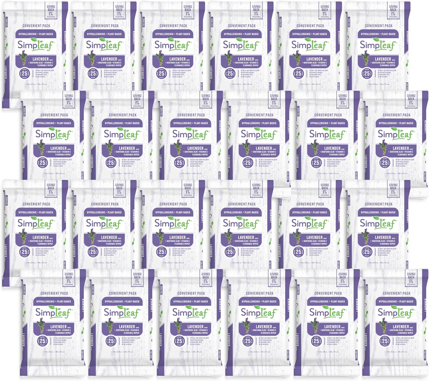Simpleaf Flushable Wet Wipes Lavender| Eco-Friendly, Paraben & Alcohol Free | Hypoallergenic & Safe for Sensitive Skin | Soothing Aloe Formula | (24 x 25 Counts Convenient Pack) 600 Counts Total