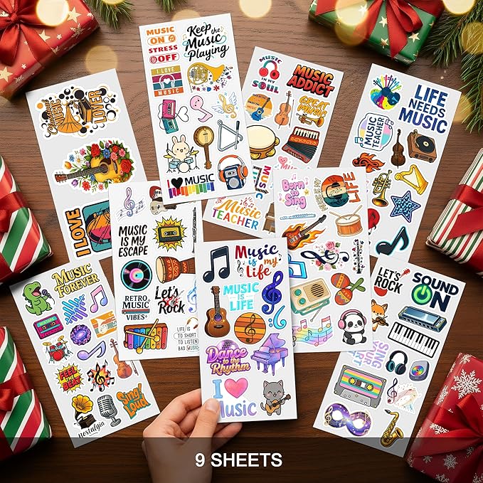 100 PCS Music Stickers Pack, Vinyl Waterproof Decals of Guitars Pianos Drums Microphones Notes Headphones and Bands, Fun Gift for Kids Teens Adults Students Teachers Water Bottle Scrapbook