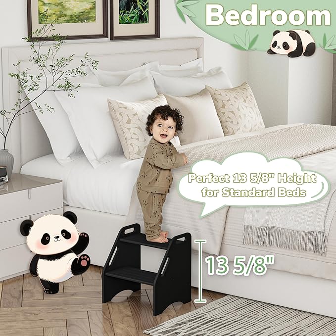 AMBIRD Wooden Step Stool, 15.75'' H Potty Training Toddler 300 lbs Capacity with Safety Non-Slip Pads and Handles, Step Stools for Kids, Bamboo 2-Step Stool for Bathroom, High Beds (Black)