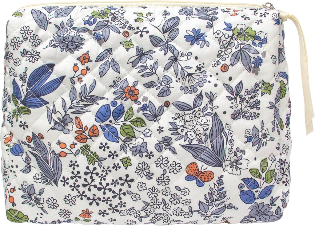 PAZIMIIK Quilted Makeup Bag Large Travel Zipper Soft Cosmetic Pouch for Women Girls Make Up,Leaf White