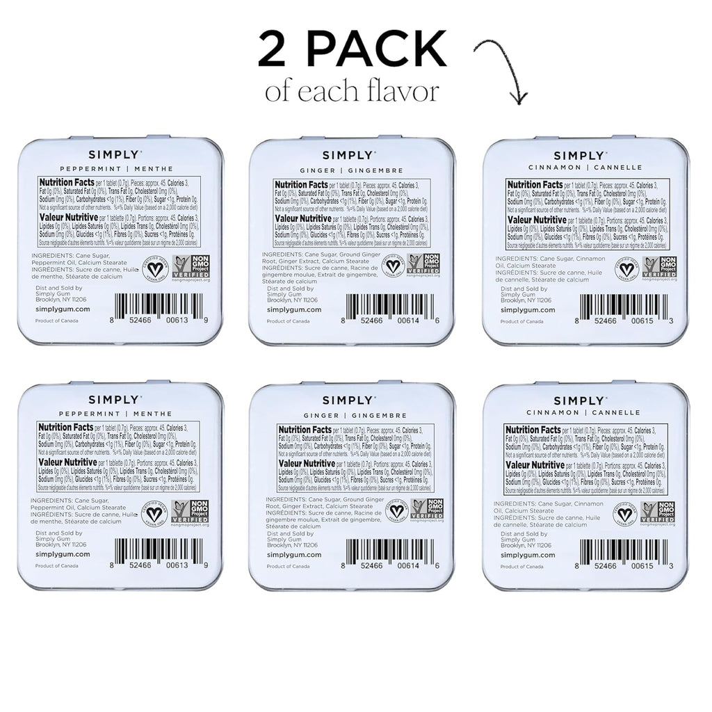 SIMPLY Mints | Variety Pack - Peppermint, Ginger, Cinnamon | Pack of Six (180 Pieces Total) | Breath Freshening + Aspartame-Free + Vegan + non-GMO