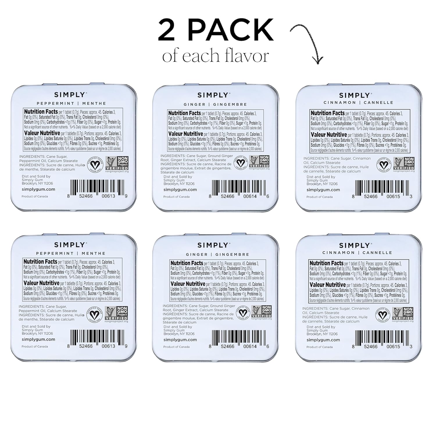 SIMPLY Mints | Variety Pack - Peppermint, Ginger, Cinnamon | Pack of Six (180 Pieces Total) | Breath Freshening + Aspartame-Free + Vegan + non-GMO