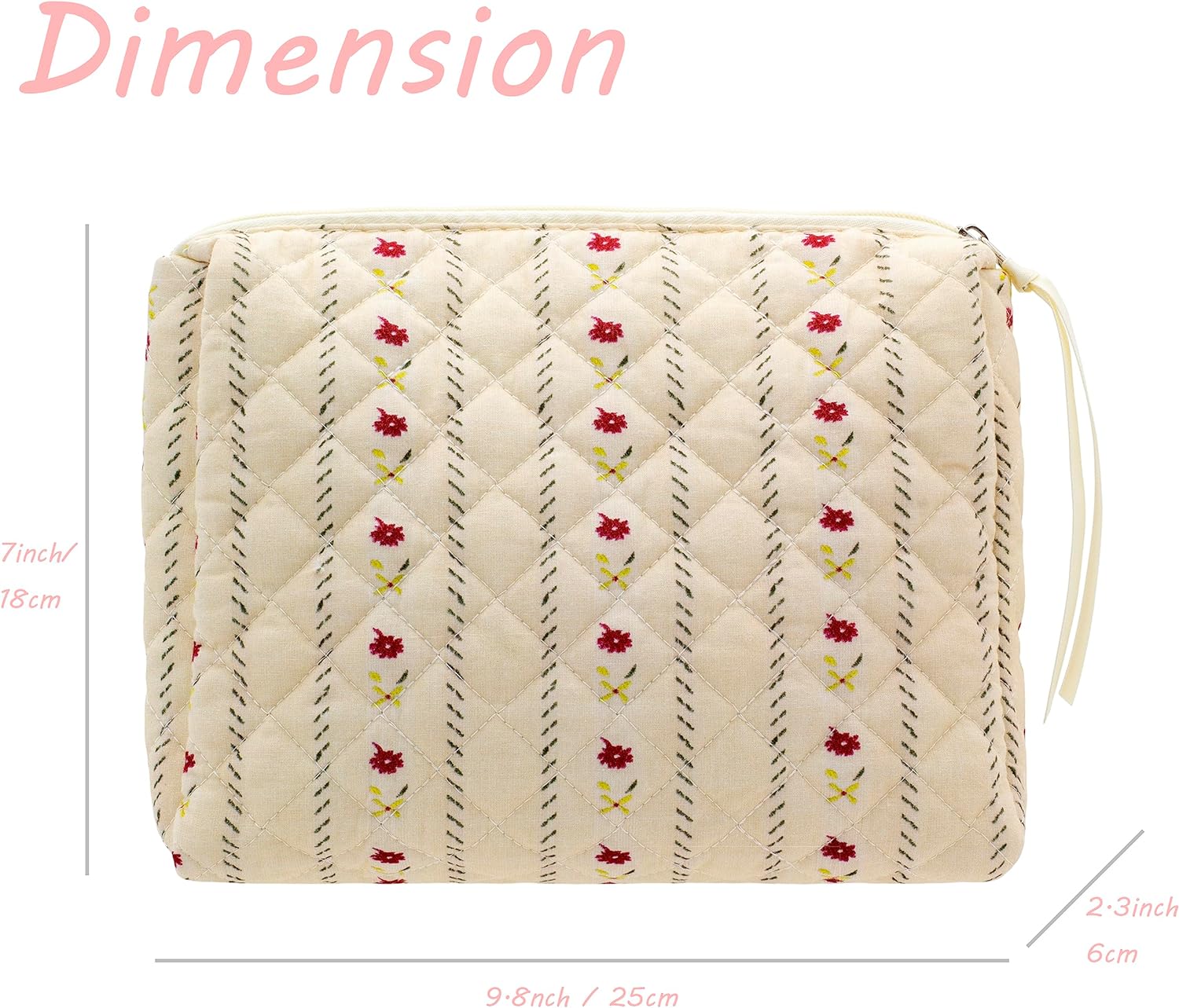 PAZIMIIK Quilted Makeup Bag Large Travel Zipper Soft Cosmetic Pouch for Women Girls Make Up,Little Flower Beige