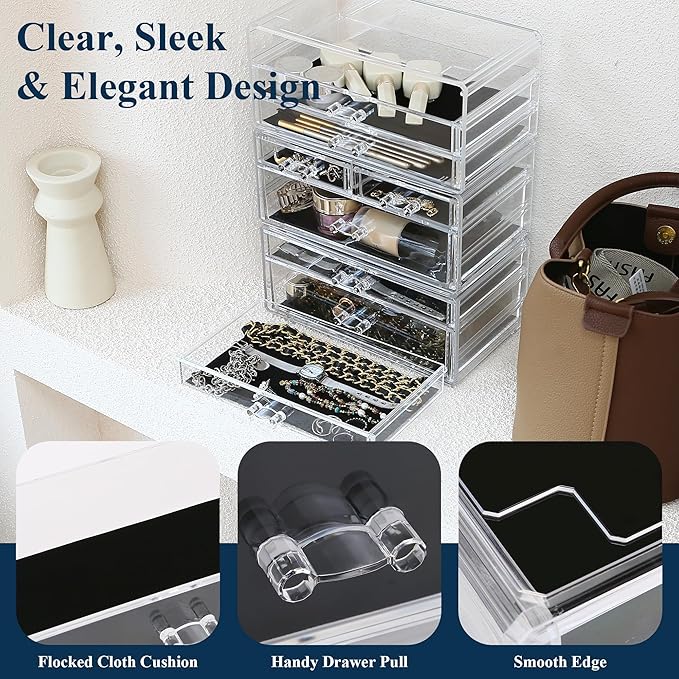 Sea Team 3-Tier Stackable Clear Makeup Organizer with Drawers, Acrylic Plastic Cosmetic Display Case, Jewelry Storage Box, Holder for Dresser, Bathroom, Vanity, Countertop (8 Drawers)