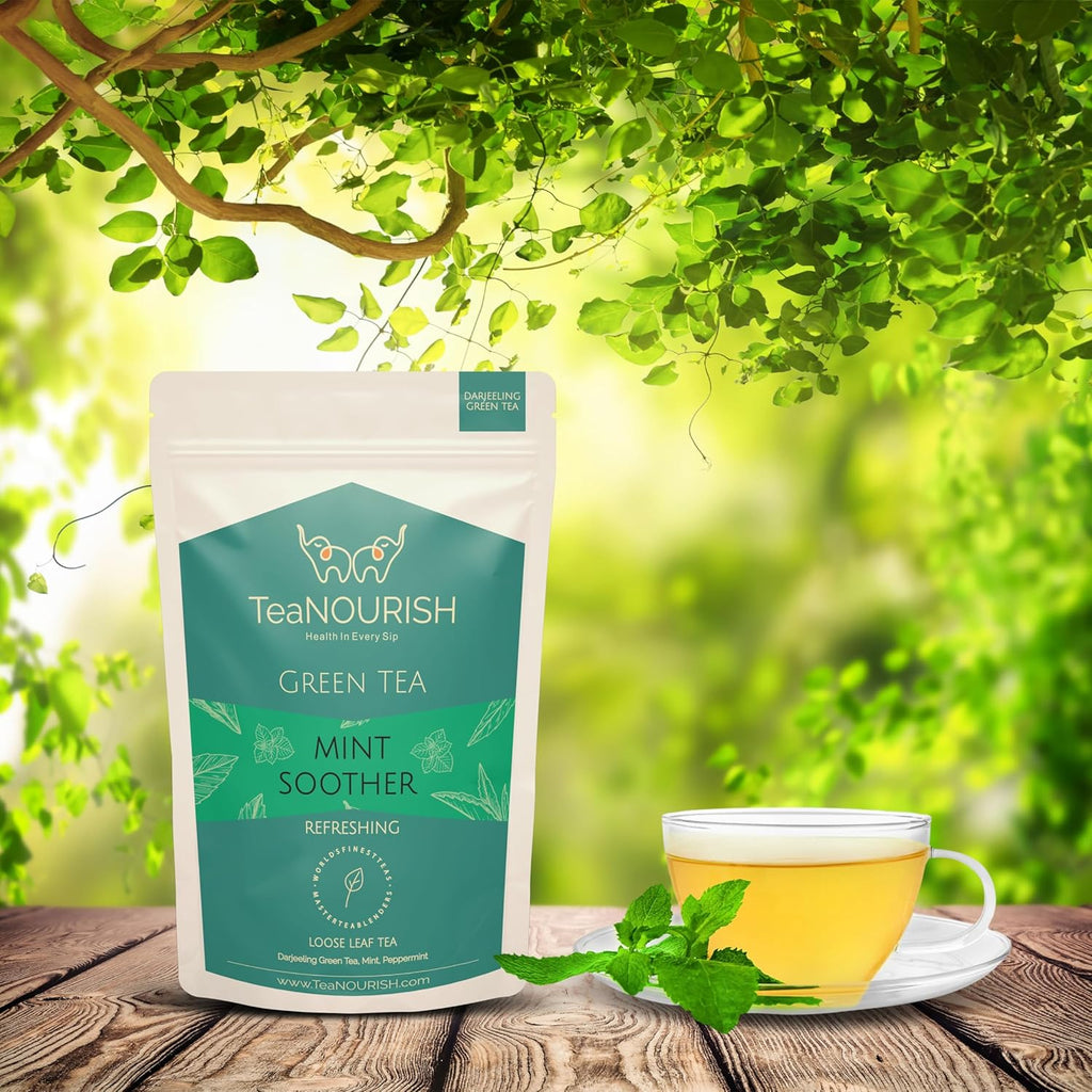 TeaNOURISH Mint Soother Green Tea | Darjeeling Loose Leaves | Blended with Fresh Mint & Peppermint Leaves | Refreshing & Calming Tea | 50 Cups Hot or Iced Tea - 3.53oz/100g