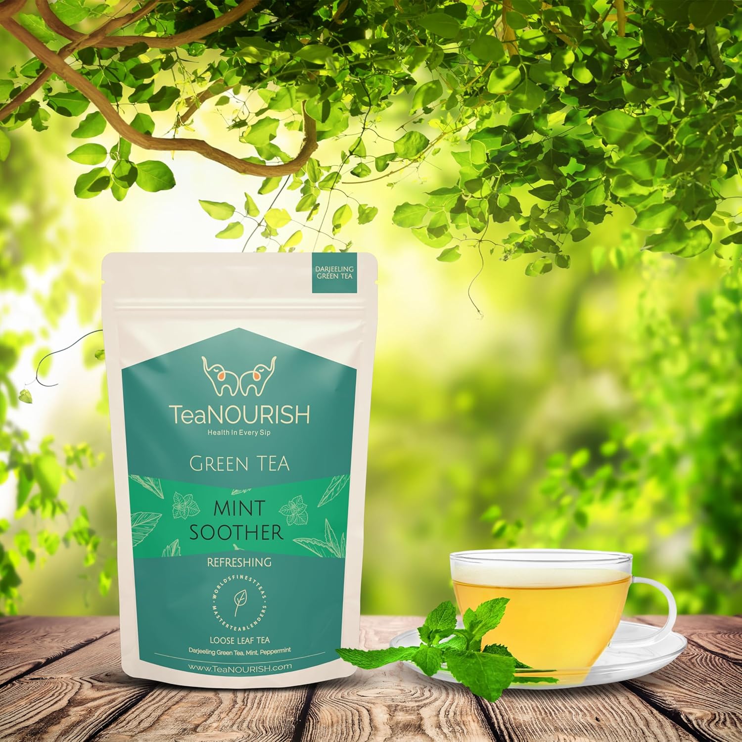 TeaNOURISH Mint Soother Green Tea | Darjeeling Loose Leaves | Blended with Fresh Mint & Peppermint Leaves | Refreshing & Calming Tea | 50 Cups Hot or Iced Tea - 3.53oz/100g