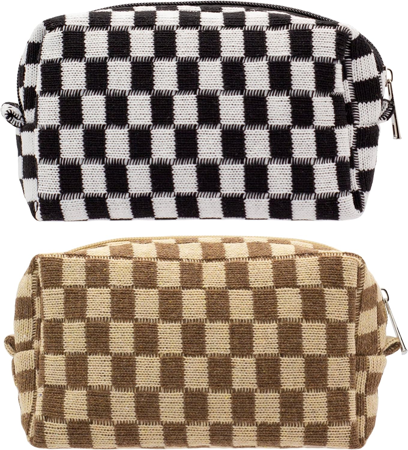 PAZIMIIK Checkered Makeup Bag for Purse Portable Zipper Make Up Pouch Small Cosmetic Case for Travel Accessories (2PCS Black Coffee)