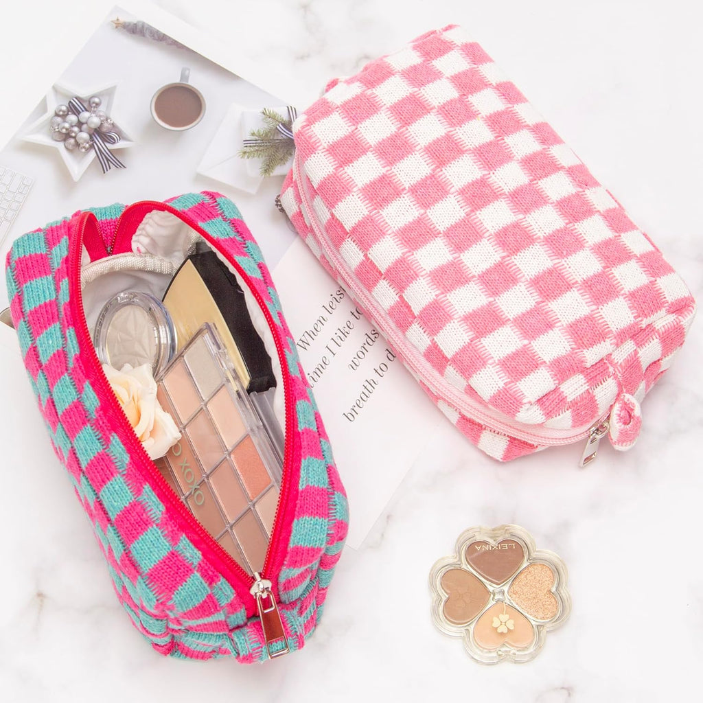 PAZIMIIK Checkered Makeup Bag for Purse Portable Zipper Make Up Pouch Small Cosmetic Case for Travel Accessories (6PCS Pink White)