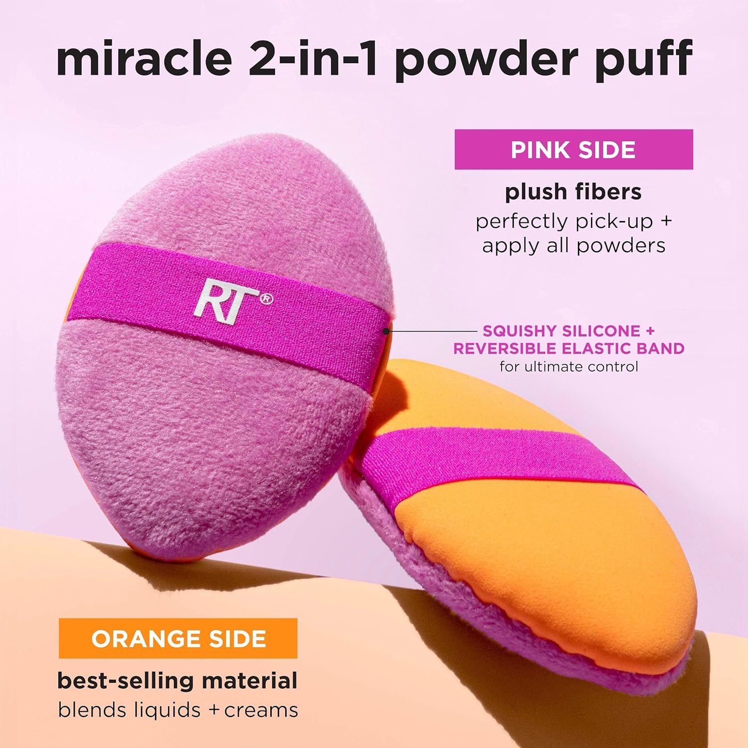 Real Techniques Miracle 2-In-1 Powder Puff 4 Pack, Dual-Sided, Full Size Makeup Blending Puff, Reversible Elastic Band, Makeup Sponge & Powder Puff, For Liquid, Cream & Powder Products, Cruelty-Free