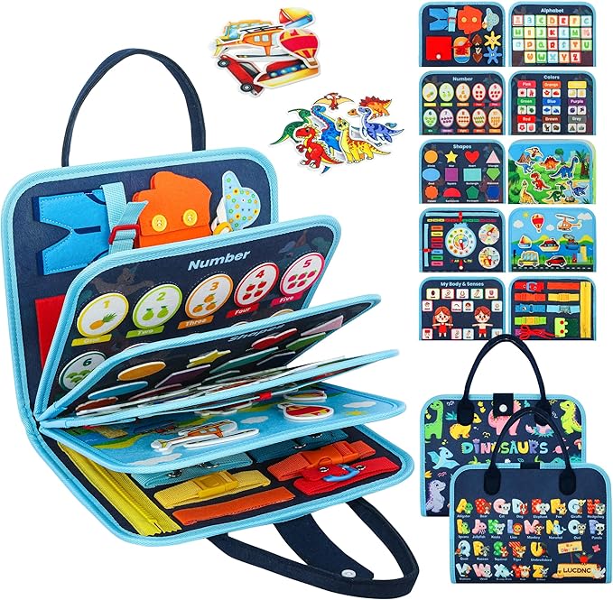 Toddler Busy Board Montessori Toys for 3 Year Old Birthday Gifts for Kids 10 Pages in 1 Soft Felt Activity Book Develop Fine Skills Educational Learning Sensory Travel Toys for Airplane Car