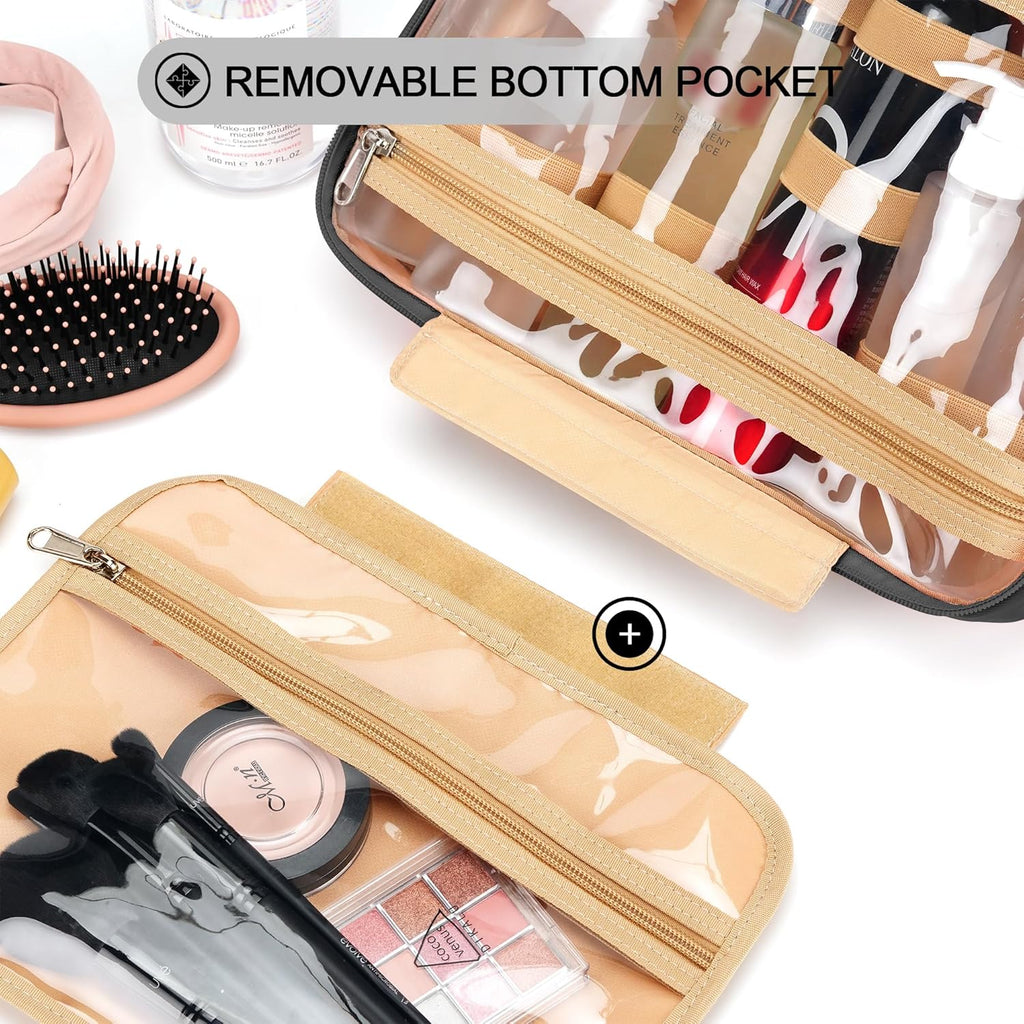 Travel Hanging Toiletry Bag for Women, Holds Full-Size Shampoo, with Jewelry Organizer Compartment, Extra Large Makeup Bag, Waterproof Cosmetic Bag, Toiletries Kit Set with Trolley Belt, Black