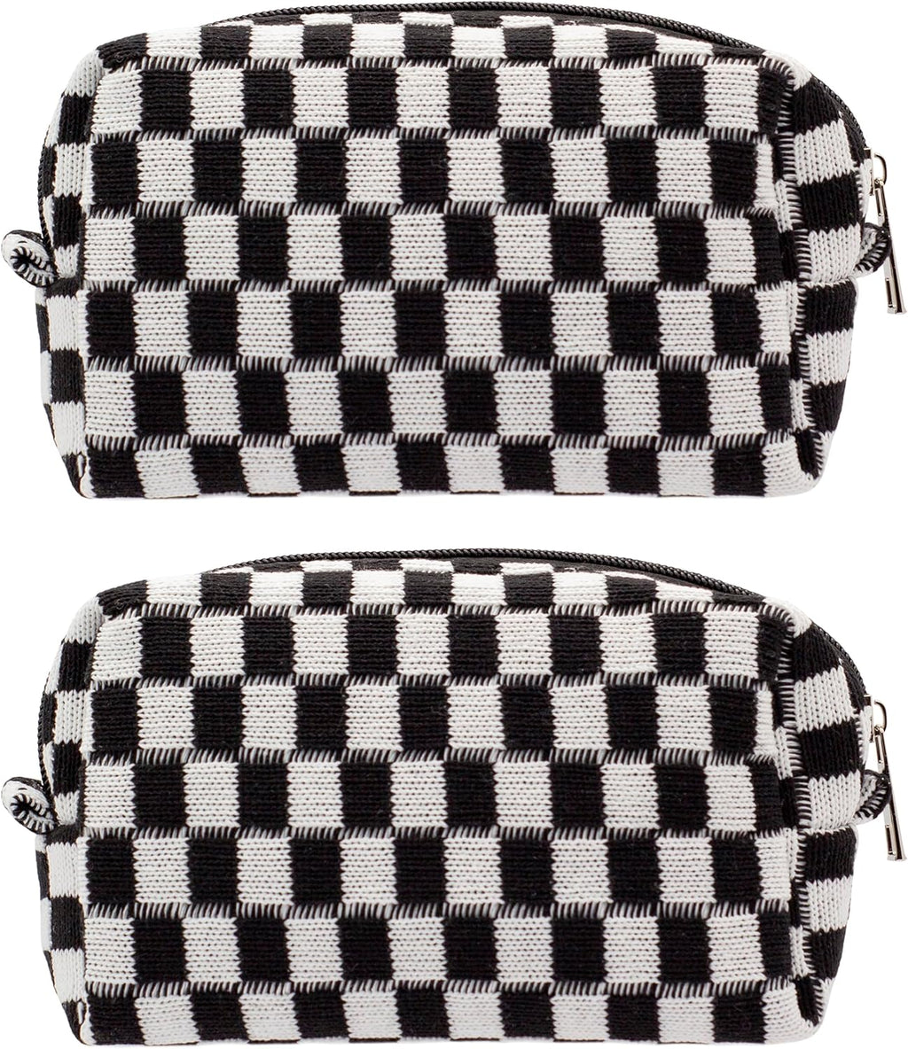 PAZIMIIK Checkered Makeup Bag for Purse Portable Zipper Make Up Pouch Small Cosmetic Case for Travel Accessories (2PCS Black)