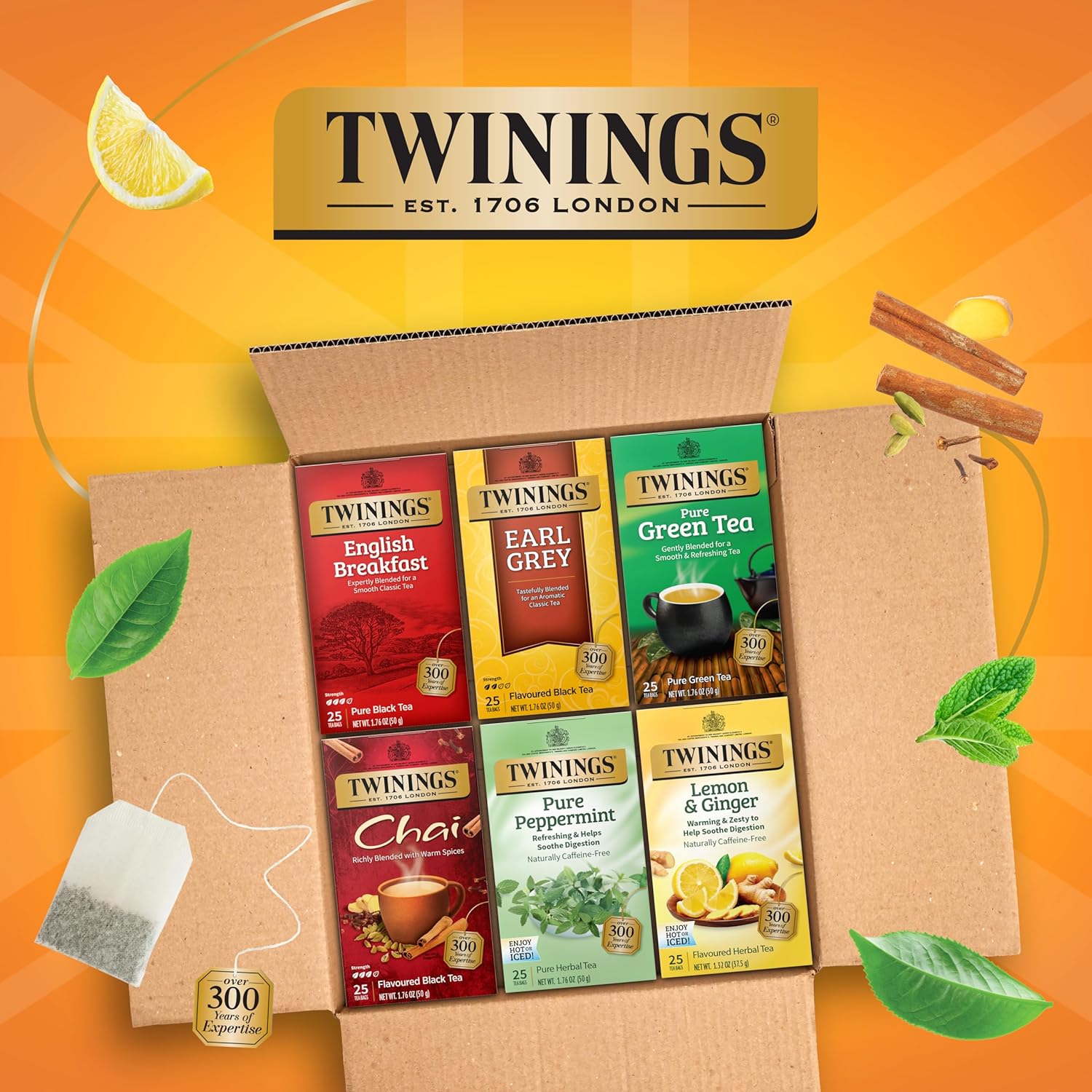 Twinings Variety Pack Tea Bags, 25 Count (Pack of 6) Includes English Breakfast, Earl Grey, Lemon Ginger, Peppermint, Green, and Chai, Enjoy Hot or Iced, 150 Teabags