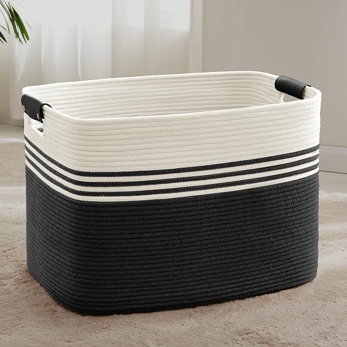 100L Extra Large Laundry Basket with Leather Handles for Living Room Storage, Woven Rope Baskets for Blanket, Kids Toy, Gifts, Wicker Hamper for Bedroom Dirty Clothes, 24"x16"x16" White Black