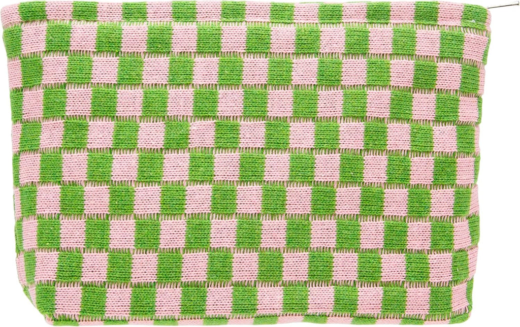 PAZIMIIK Knitted Checkered Makeup Bag Large Zipper Make Up Accessory Pouch for Purse Cosmetic Brush Bag for Travel Essential Pink Green