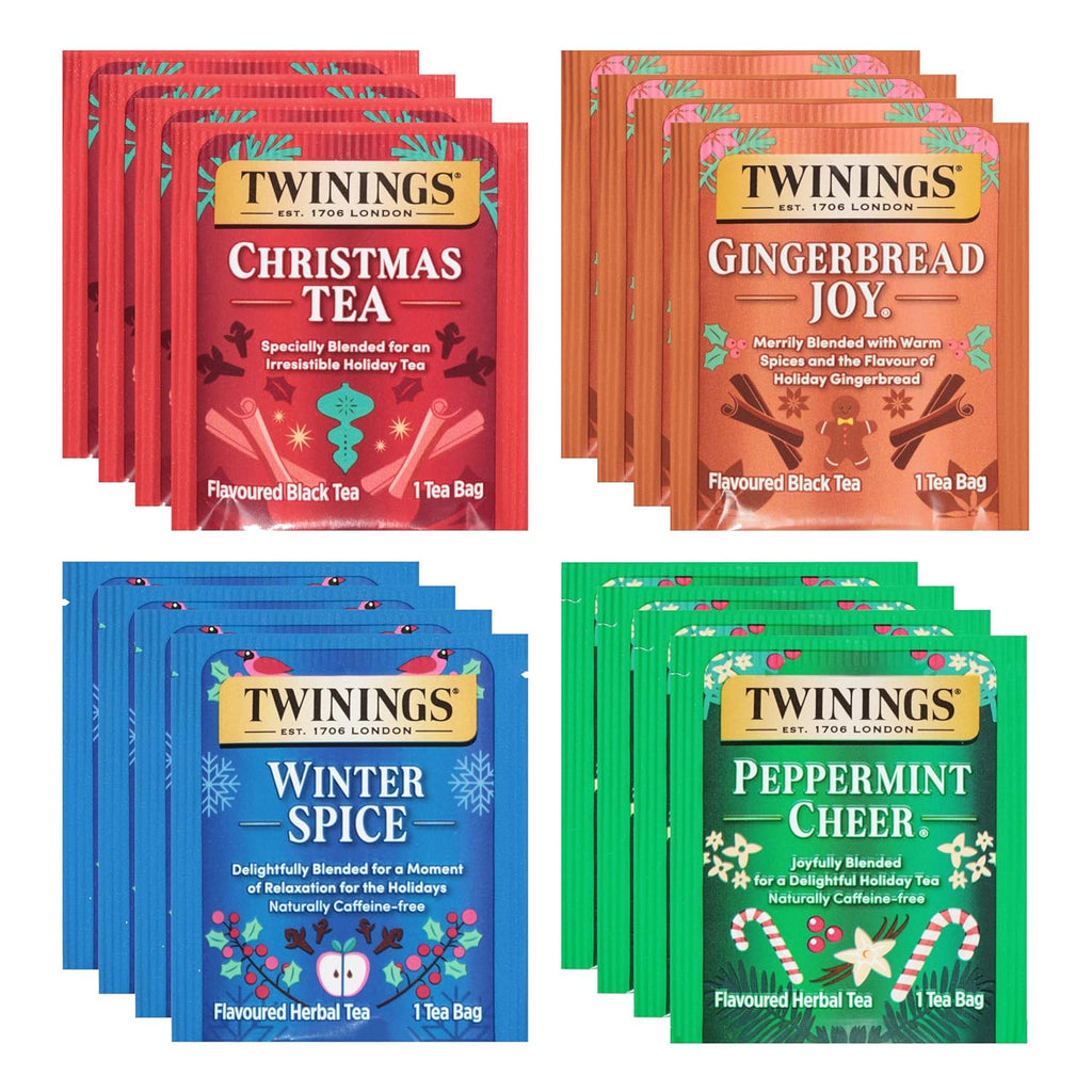 Twinings Christmas Holiday Variety Tea Bag Pack (40 Count) 4 Flavors Include Christmas Tea, Winter Spice, Gingerbread Joy, Peppermint Cheer, Seasonal Gift for Her, Him, Family, Friends
