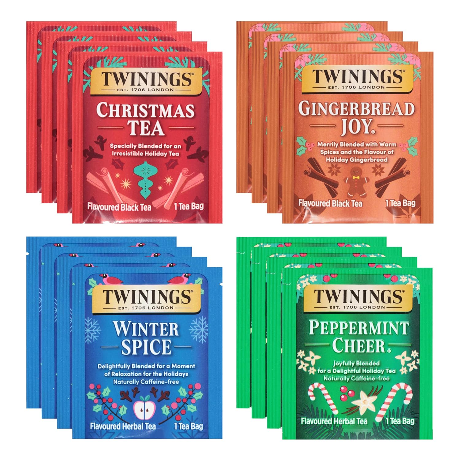 Twinings Christmas Holiday Variety Tea Bag Pack (40 Count) 4 Flavors Include Christmas Tea, Winter Spice, Gingerbread Joy, Peppermint Cheer, Seasonal Gift for Her, Him, Family, Friends