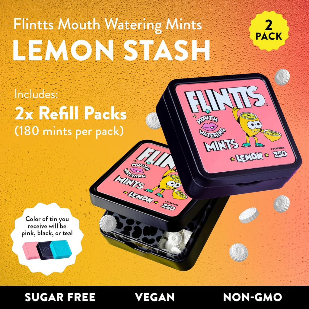 Flintts Mints Lemon Stash – Sugar Free Mouthwatering Mints for Dry Mouth Relief & Freshness – Vegan Oral Health Support with Sparkle Effect – Pocket Travel Saliva Substitute, Lozenges Alternative, 2 Refill Packs