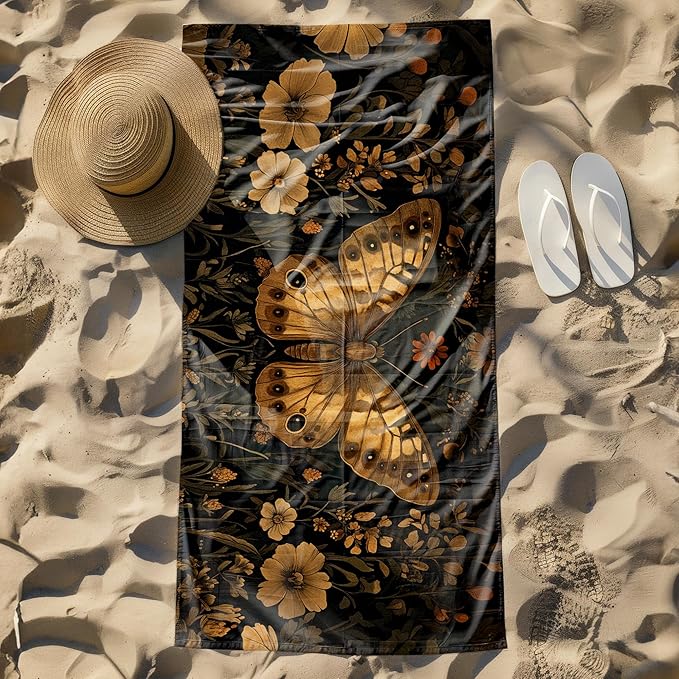 Vintage Butterfly Beach Towel, Vintage Butterfly Pool Towels, Dark Cottagecore Botanical Large Beach Bath Travel Towels for Women, Retro Butterflies Flowers Bathroom Accessories Decor, 30x60in