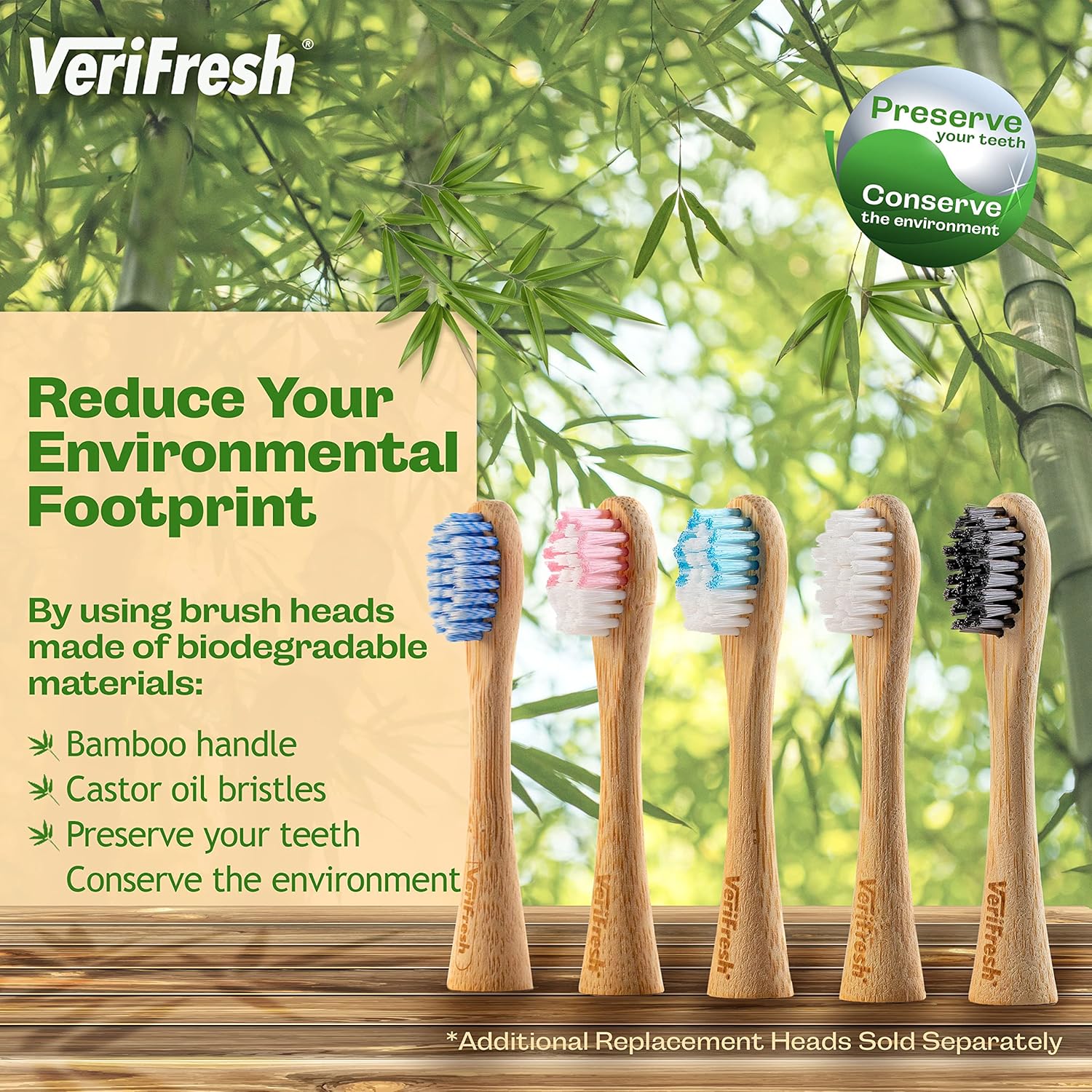 Bamboo Sonic Toothbrush - Replacement Heads. Natural Bamboo Heads with Castor Oil bristles. Compatible with The VeriFresh Sonic Toothbrush