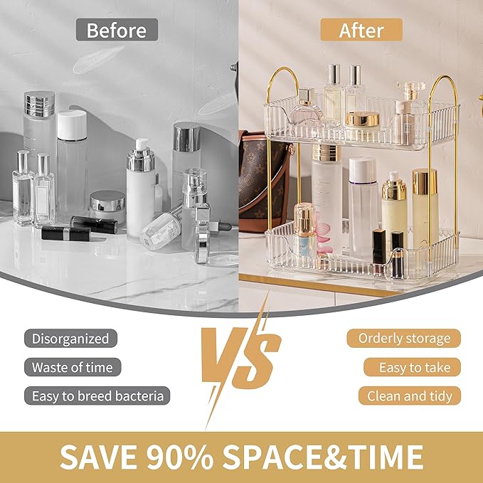 2 Tier Bathroom Organizer Countertop Makeup Perfume Tray Skincare Organizer for Bathroom Dresser Vanity (White)