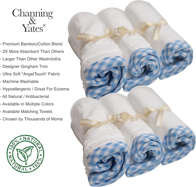 Channing & Yates - Premium Baby Washcloths - (6-Pack) Viscose Made from Bamboo Organic Baby Wash Cloths - Thick & Soft - Great for Eczema - Adult Face Washcloths (Blue on White)
