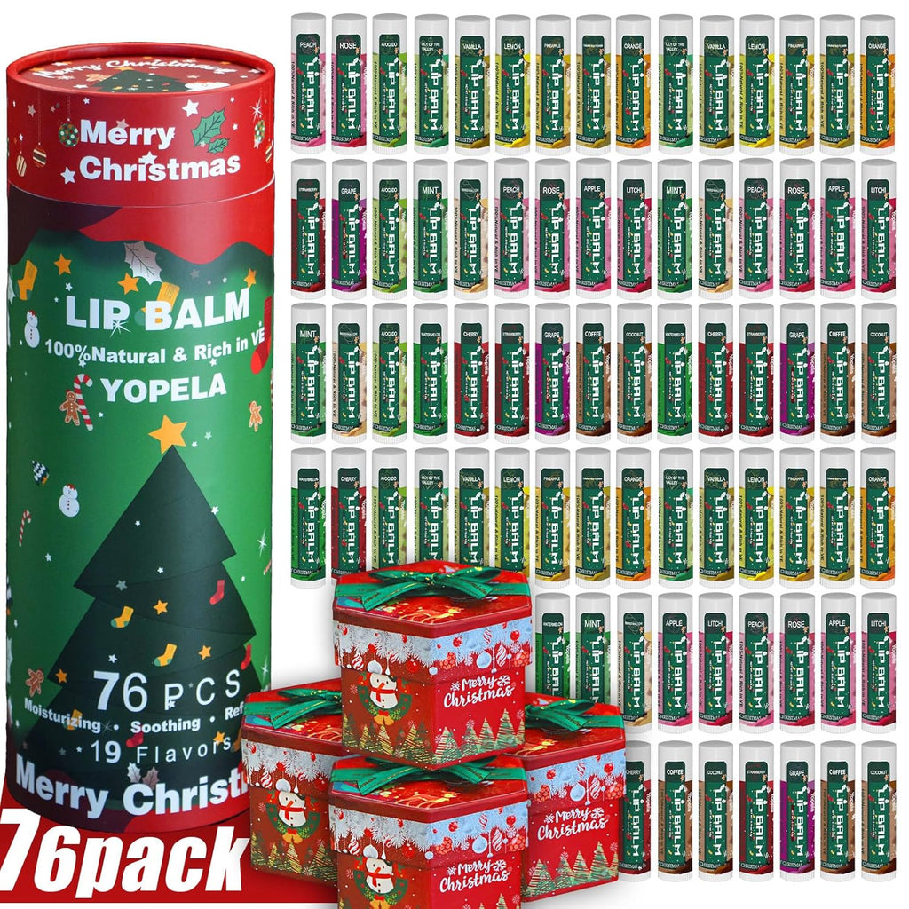 Yopela 76 Pack Christmas Natural Lip Balm Bulk with Vitamin E and Coconut Oil Lip Care Set - Moisturizing, Soothing, and Repairing Dry and Chapped Lips - 19 Flavors - Non-GMO