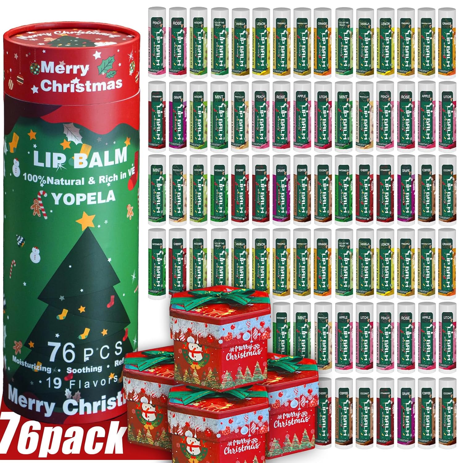 Yopela 76 Pack Christmas Natural Lip Balm Bulk with Vitamin E and Coconut Oil Lip Care Set - Moisturizing, Soothing, and Repairing Dry and Chapped Lips - 19 Flavors - Non-GMO