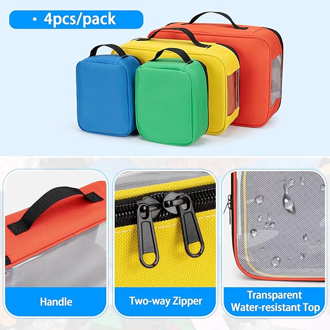 4-piece Toy Storage Organizer Bag, Travel Organizer Case for Building Blocks, Dolls, Crafts, Magnetic Building Tiles, Blocks Toy Storage Bag with Visible Top