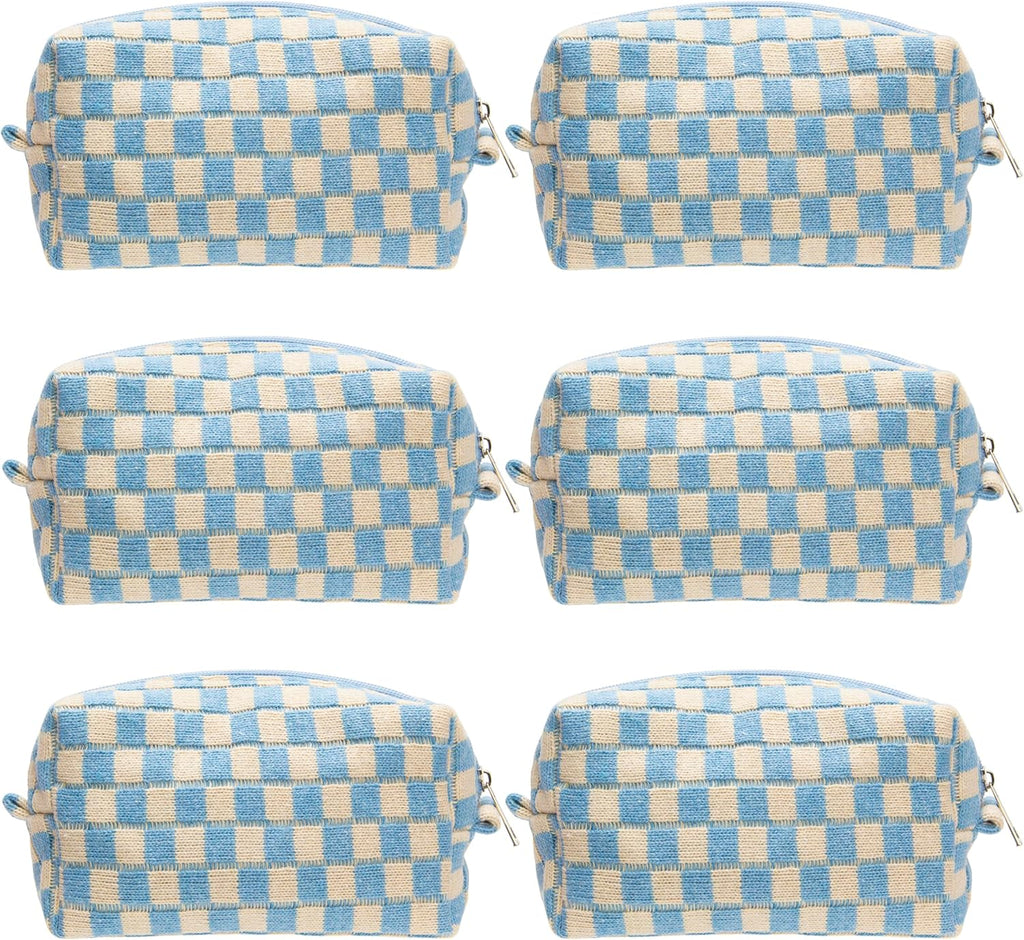PAZIMIIK 6PCS Checkered Makeup Bag for Purse Portable Zipper Make Up Pouch Small Cosmetic Case for Travel Accessories Blue Beige