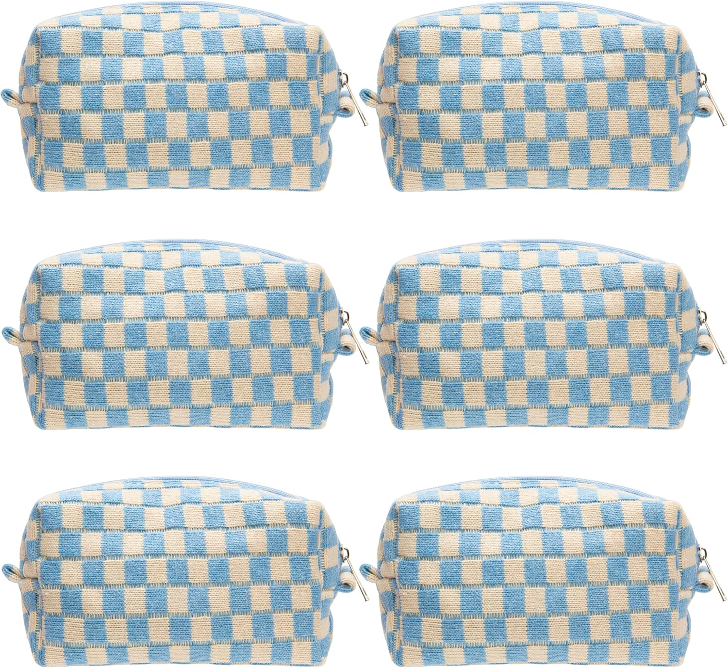 PAZIMIIK 6PCS Checkered Makeup Bag for Purse Portable Zipper Make Up Pouch Small Cosmetic Case for Travel Accessories Blue Beige